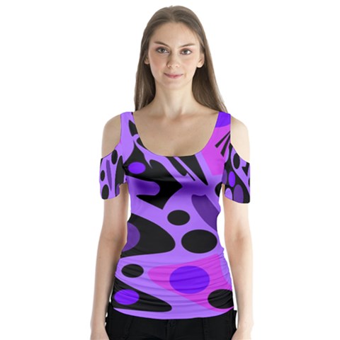 Purple Abstract Decor Butterfly Sleeve Cutout Tee  by Valentinaart