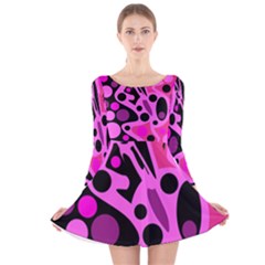 Pink Abstract Decor Long Sleeve Velvet Skater Dress