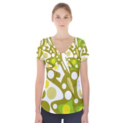 Green And Yellow Decor Short Sleeve Front Detail Top