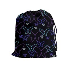 Blue Neon Butterflies Drawstring Pouches (extra Large) by Valentinaart