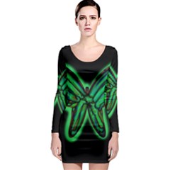 Green Neon Butterfly Long Sleeve Bodycon Dress by Valentinaart