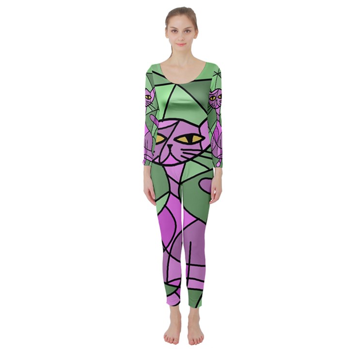 Artistic cat - purple Long Sleeve Catsuit