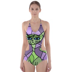 Artistic cat - green Cut-Out One Piece Swimsuit