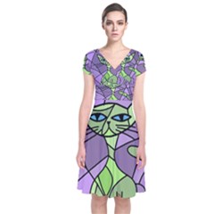 Artistic cat - green Short Sleeve Front Wrap Dress