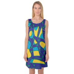 Playful Abstract Art - Blue And Yellow Sleeveless Satin Nightdress by Valentinaart