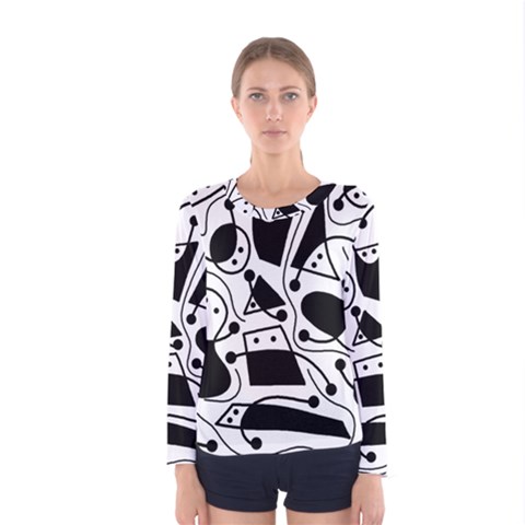 Playful Abstract Art - White And Black Women s Long Sleeve Tee by Valentinaart
