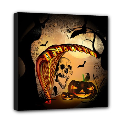 Halloween, Funny Pumpkin With Skull And Spider In The Night Mini Canvas 8  X 8  by FantasyWorld7