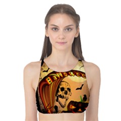 Halloween, Funny Pumpkin With Skull And Spider In The Night Tank Bikini Top by FantasyWorld7