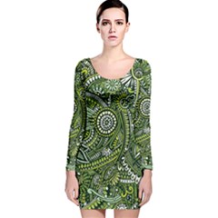 Green Boho Flower Pattern Zz0105  Long Sleeve Velvet Bodycon Dress by Zandiepants