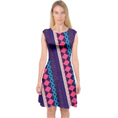 Purple And Pink Retro Geometric Pattern Capsleeve Midi Dress by DanaeStudio