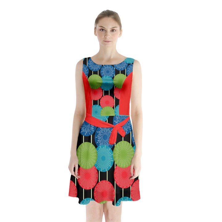 Vibrant Retro Pattern Sleeveless Chiffon Waist Tie Dress