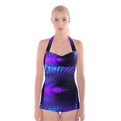 Purple And Blue Lake Fractal Boyleg Halter Swimsuit  by traceyleeartdesigns