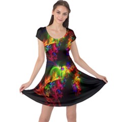 Bright Multi Coloured Fractal Pattern Cap Sleeve Dresses