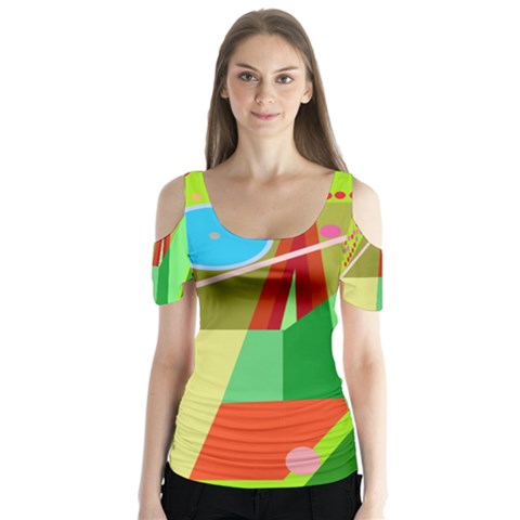 Colorful Abstraction Butterfly Sleeve Cutout Tee  by Valentinaart