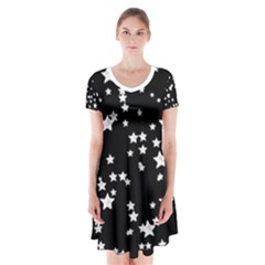 Black And White Starry Pattern Short Sleeve V-neck Flare Dress