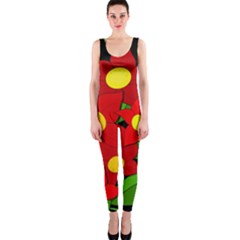 Red Flowers Onepiece Catsuit by Valentinaart