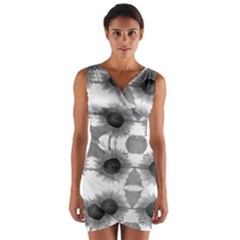 Monochrome Sunflower Wrap Front Bodycon Dress