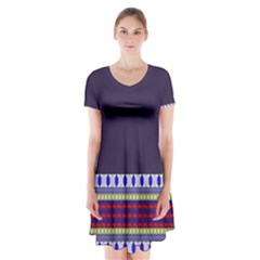 Purple Retro Geometric Pattern Short Sleeve V-neck Flare Dress by DanaeStudio