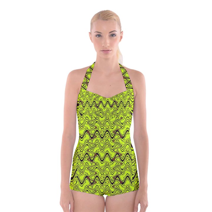 Yellow Wavey Squiggles Boyleg Halter Swimsuit 