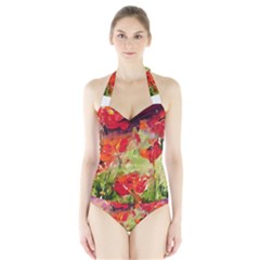 Abstact Poppys Art Print Halter Swimsuit by artistpixi