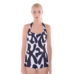 Black and white dance Boyleg Halter Swimsuit 