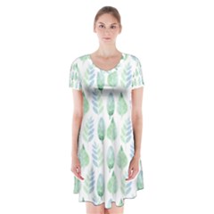 Green Watercolour Leaves Pattern Short Sleeve V-neck Flare Dress