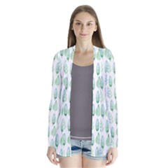 Green Watercolour Leaves Pattern Drape Collar Cardigan