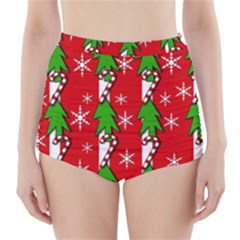 Christmas Tree Pattern - Red High-waisted Bikini Bottoms by Valentinaart