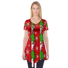 Christmas Tree Pattern - Red Short Sleeve Tunic 