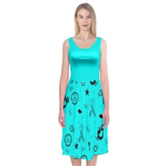 Pots Mermaid Print In Turquoise Midi Sleeveless Dress