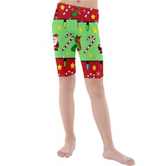 Christmas Pattern - Green And Red Kid s Mid Length Swim Shorts