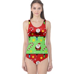 Christmas pattern - green and red One Piece Swimsuit