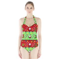 Christmas pattern - green and red Halter Swimsuit