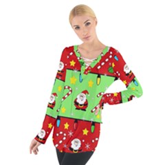 Christmas pattern - green and red Women s Tie Up Tee