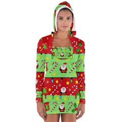 Christmas pattern - green and red Women s Long Sleeve Hooded T-shirt