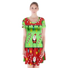Christmas pattern - green and red Short Sleeve V-neck Flare Dress