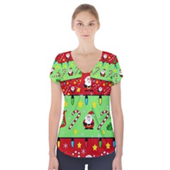 Christmas pattern - green and red Short Sleeve Front Detail Top