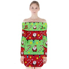 Christmas pattern - green and red Long Sleeve Off Shoulder Dress