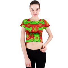 Snowflake Red And Green Pattern Crew Neck Crop Top by Valentinaart