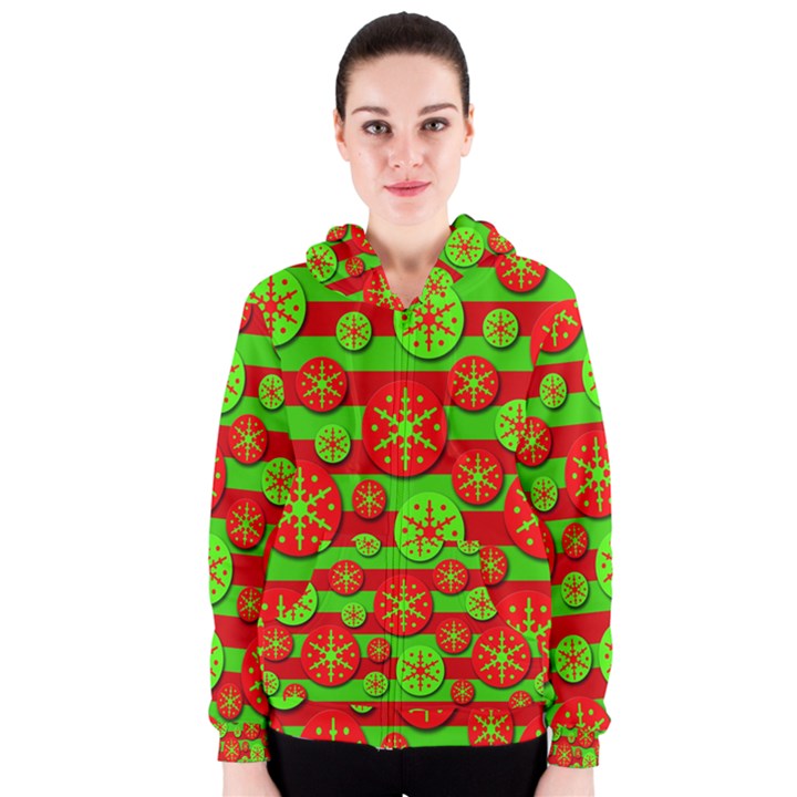 Snowflake red and green pattern Women s Zipper Hoodie