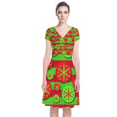 Snowflake Red And Green Pattern Short Sleeve Front Wrap Dress by Valentinaart