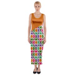 Asymmetric Orange Modernist Floral Tiles Fitted Maxi Dress