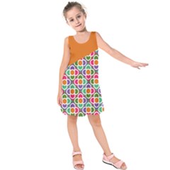 Asymmetric Orange Modernist Floral Tiles Kid s Sleeveless Dress by DanaeStudio