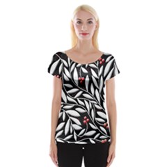 Black, Red, And White Floral Pattern Women s Cap Sleeve Top by Valentinaart