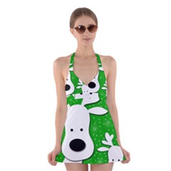 Christmas Reindeer - Green 2 Halter Swimsuit Dress by Valentinaart