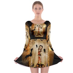 Halloween, Cute Girl With Pumpkin And Spiders Long Sleeve Skater Dress by FantasyWorld7