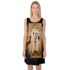 Halloween, Cute Girl With Pumpkin And Spiders Sleeveless Satin Nightdress by FantasyWorld7