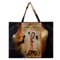 Halloween, Cute Girl With Pumpkin And Spiders Zipper Large Tote Bag by FantasyWorld7