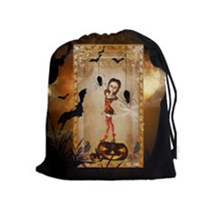 Halloween, Cute Girl With Pumpkin And Spiders Drawstring Pouches (extra Large) by FantasyWorld7