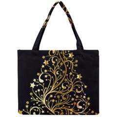 Decorative Starry Christmas Tree Black Gold Elegant Stylish Chic Golden Stars Mini Tote Bag by yoursparklingshop